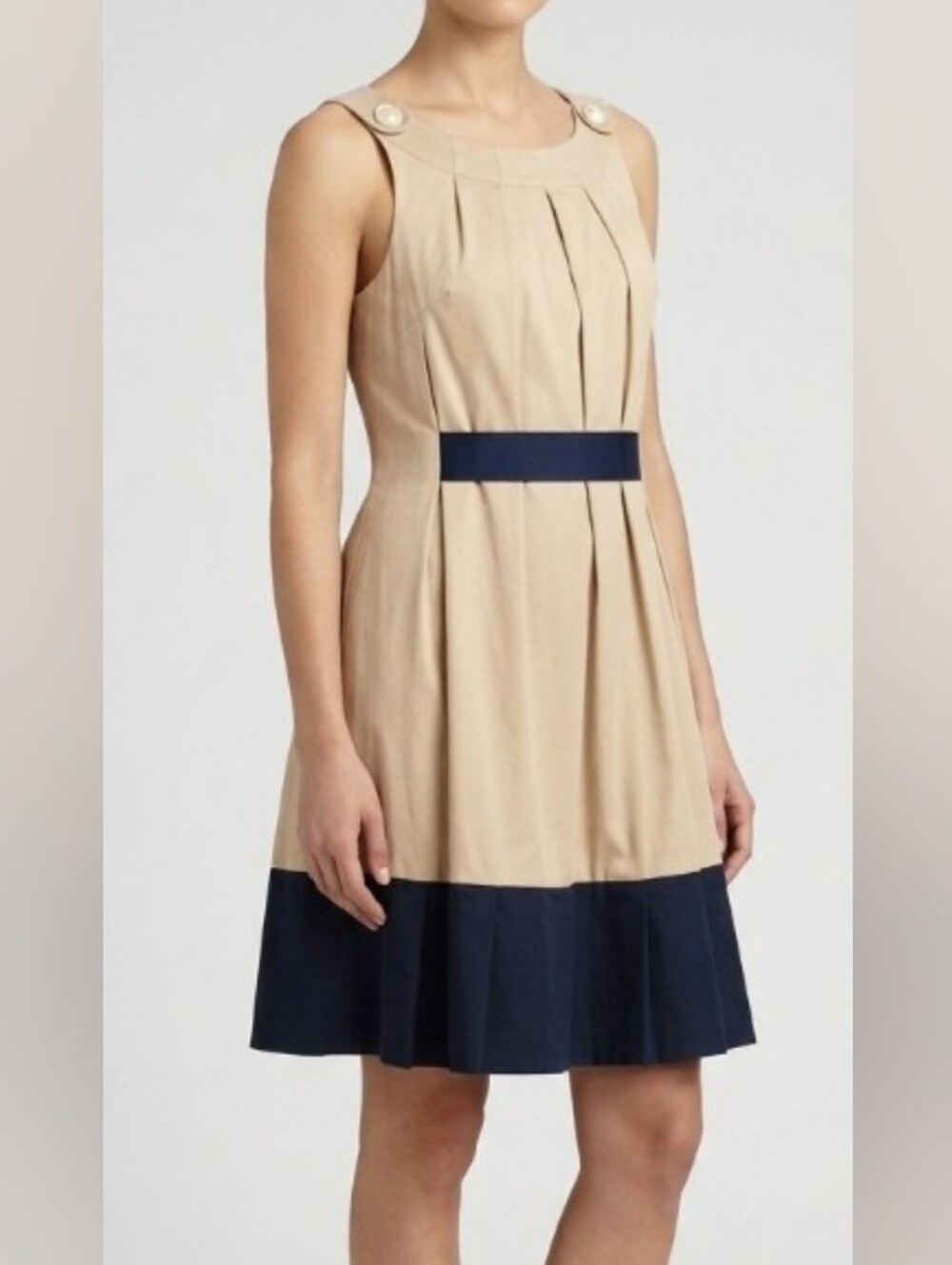 Laundry - Sleeveless Colorblock Beige & Navy Pleated Midi Dress (4/6) Quiet Lux